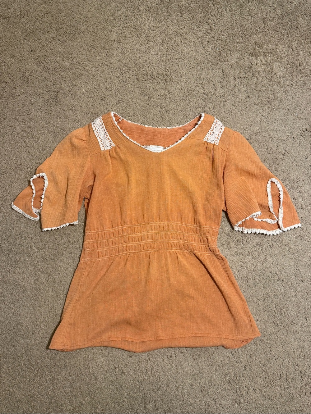 Vintage 70s JCPenney Orange Peplum Top with White Lace Trim, Medium Fit